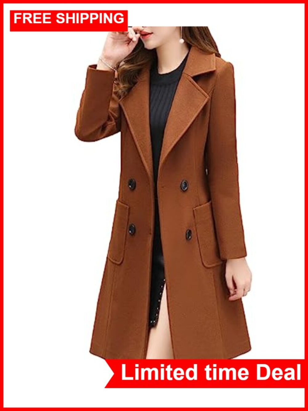 Women's Wool Blend Pea Coat Double Breasted Notch Lapel Knee Length Overcoat